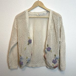 Vintage Chaus Cream Knit Cardigan with Crochet Florals Size Medium